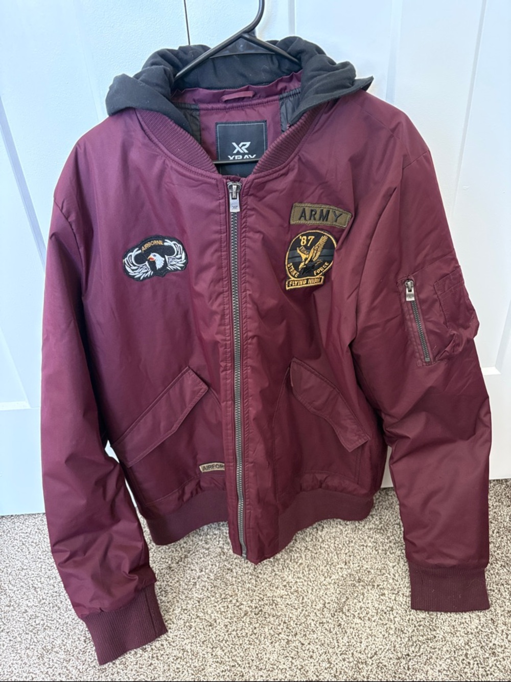 Burgundy Hooded Bomber Jacket with Army Patches -  2XL